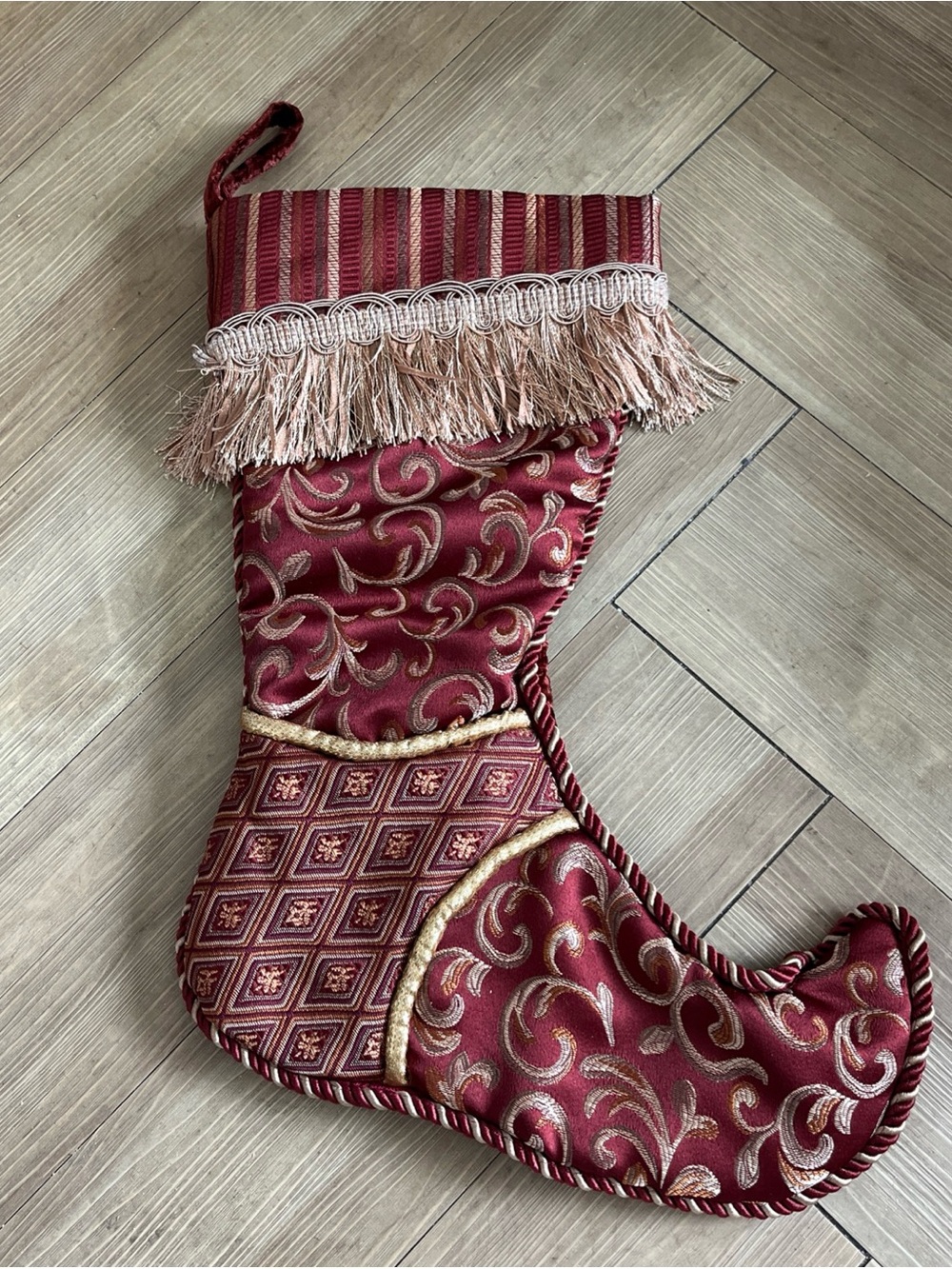 Burgundy Gold Brocade Christmas Stocking Floral Fringe Ornate Large 22"